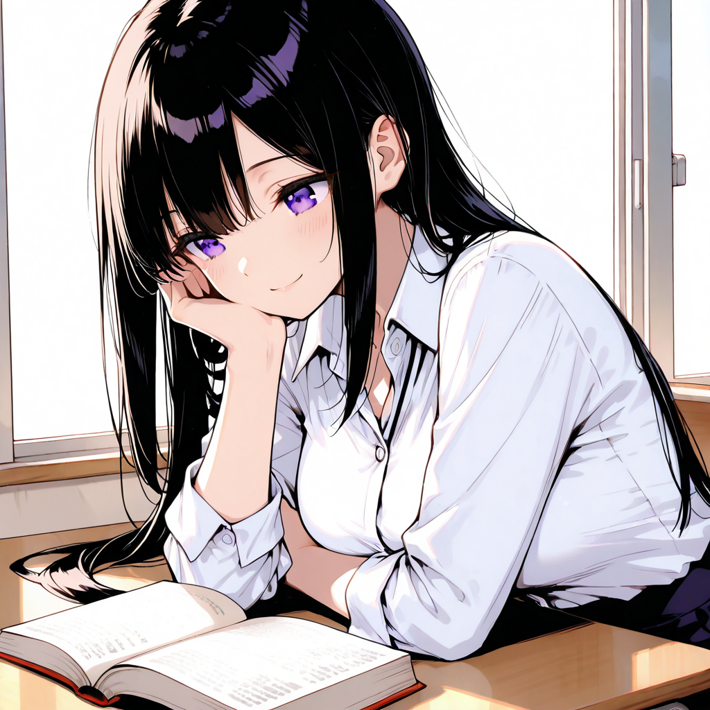 雪音が本を読みながら頬を染め、ふと微笑んでいる