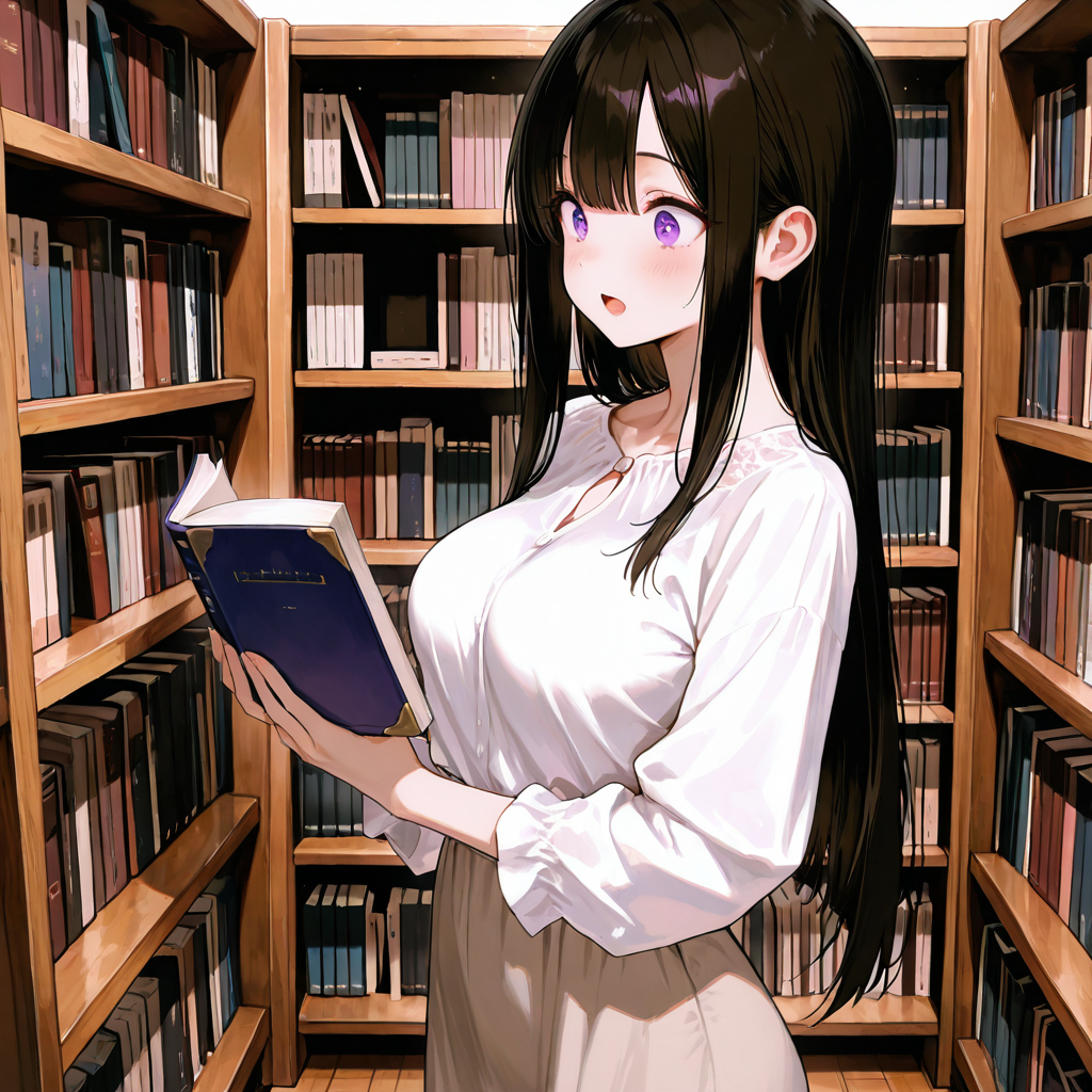 雪音が両手で本を胸元に抱え、驚いた表情で目を丸くしている