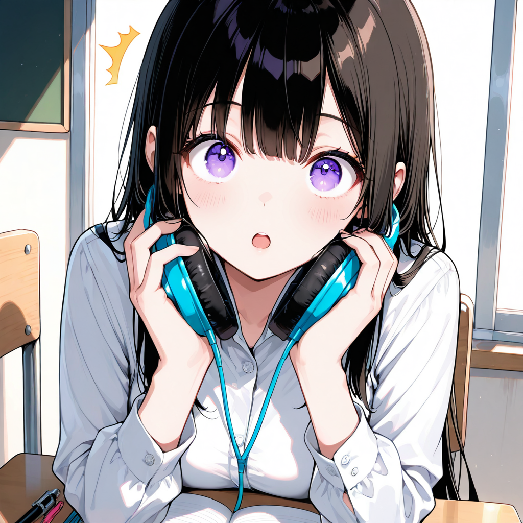 雪音がヘッドホンを手に持ち、驚いた表情で目を見開いている