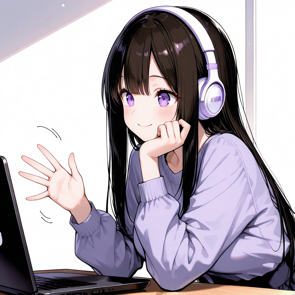 雪音がヘッドセットをつけて手を振っている、明るく笑顔の姿