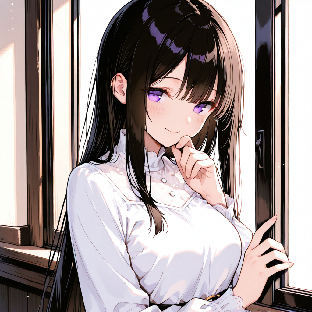 雪音が窓際で頬を染めて微笑んでいる