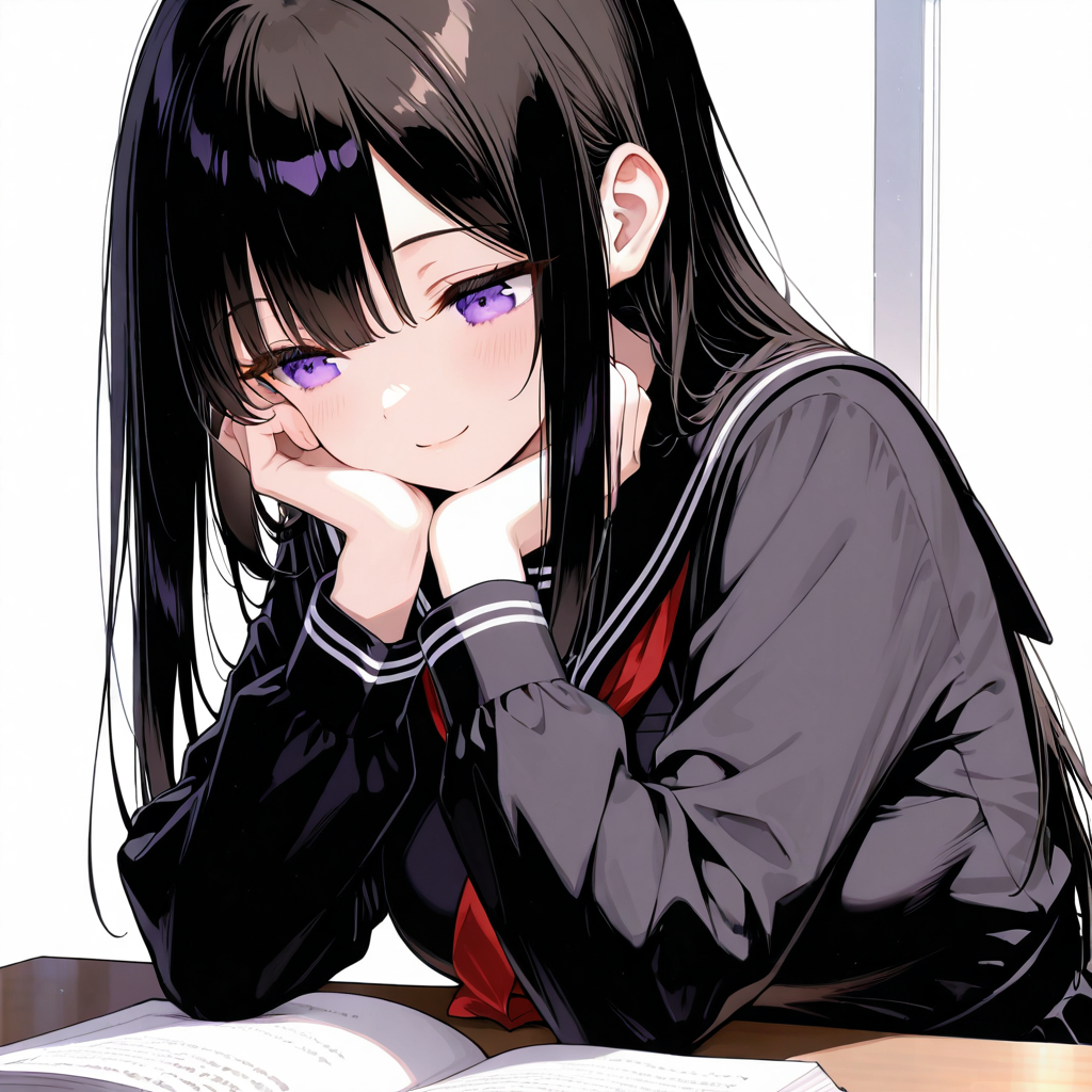 雪音が本を閉じて考えている